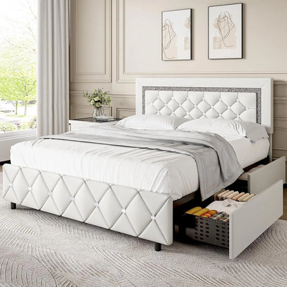 Queen Bed Frame with LED Lights, Upholstered Bed Frame with 4 Storage Drawers, Princess Platform Bed with Diamond Headboard