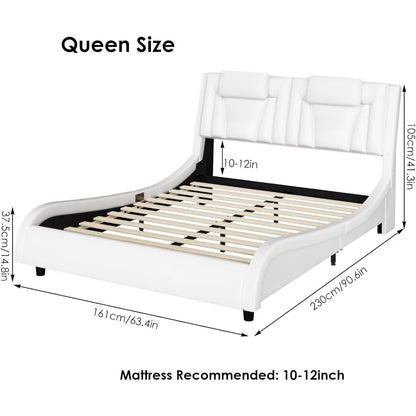 Upholstered Bed Frame, Adjustable LED Headboard, Pu Leather Platform Bed with Wave-Like Curve Design and Solid Wooden, Queen Bed