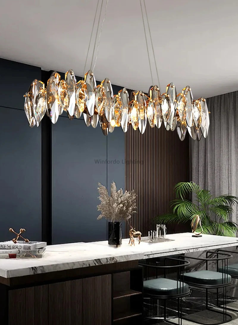 Modern Grey Clear Crystal Chandelier Light Luxury LED Lamp Fixture For Living Dining Room Winfordo Lighting