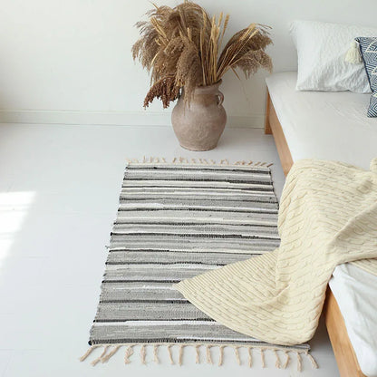 Cotton Tassel Carpet Rug Handmade Bedroom Rug Bedside Floor Mat Entrance Doormat Stripe Kitchen Mat Machine Washable Bath Rug