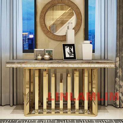 MINGDIBAO Dining Side Table with Sticking Seashells, Natural Marble Stainless Gold End Table, Handmade Coastal Style Furniture