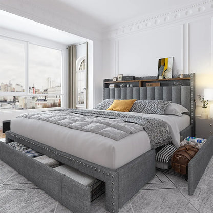 Bed Frame with 3 Drawers, Upholstered Queen, King and Full Size Bed Frame with Headboard and Storage, No-Noise, Easy Assembly
